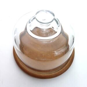 Vintage Small MCM Teak Round Glass Dome Charcuterie Pastry Cheese Cloche Plate